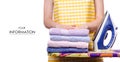 Woman in apron with iron ironing board towels laundry clothes pattern Royalty Free Stock Photo