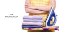 Woman in apron with iron ironing board towels laundry clothes pattern Royalty Free Stock Photo