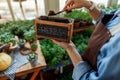 Woman in an apron preparing for planting seedlings