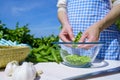 Woman with apron shells peas inside a glass bowl outdoors with strong sunlight in the greenery and blue skies