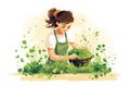 Woman in Apron Tending to Plants