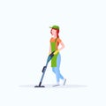 Woman in apron using vacuum cleaner female janitor cleaning service floor care concept flat full length white background Royalty Free Stock Photo