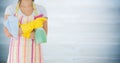Woman in apron with yellow gloves and cleaner against blurry grey wood panel Royalty Free Stock Photo