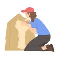 Woman Archaeologist Near Rock Working on Excavations in Search of Archaeological Remains Vector Illustration