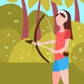 Woman archer holding bow arrow landscape background female sport activity cartoon character full length flat Royalty Free Stock Photo