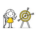 Woman archery shoot hitting bullseye target. Success reaching goal or target, victory or winner, efficiency or