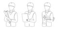 Woman architect builder holding blueprint paper in arm, single continuous line drawing. Professional worker in helmet Royalty Free Stock Photo