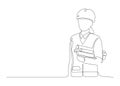 Woman architect builder holding blueprint paper in arm, single continuous line drawing. Professional worker in helmet