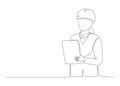 Woman architect builder holding blueprint paper in arm, single continuous line drawing. Professional worker in helmet Royalty Free Stock Photo