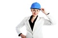 Woman architect, contractor in blue helmet