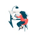 Woman Architect Sitting at Desk Working on Blueprint Building Plan, Female Professional Engineer Character Vector Royalty Free Stock Photo