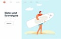 Woman without an arm holding sup board at the beach. Simple style abstract human for the main page, banner for website