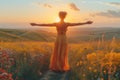 Woman with arms outstretched in a field of yellow flowers at sunset Royalty Free Stock Photo