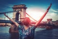 Woman arms raised in sunrise at Budapest, Hungary Royalty Free Stock Photo