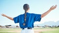 Woman, arms raised and winner with cheers, softball and sports with athlete on outdoor pitch and back view. Pray, hope