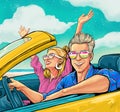 Woman with arms up happy, man driver having fun. Smiling couple in love ride in cabriolet car. Road trip summer vocation