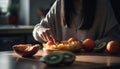 Woman arrange fresh fruits bowl in a sunlit modern kitchen, vibrant and inviting