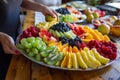 woman arranging a colorful fruit platter on a buffet Royalty Free Stock Photo