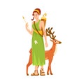 Woman Artemis Ancient Greek God and Deity with Deer as Figure from Mythology Vector Illustration