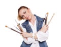 Woman artist with brushes and palette, isolated Royalty Free Stock Photo