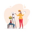 Woman artist painting in front of easel. Female painter creating artwork picture with paints palette