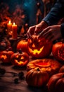 a woman artist prepares for halloween and paints pumpkins, AI Generated Royalty Free Stock Photo