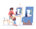 Woman artist sitting at the easel and painting. Young painter