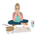 Woman artist sitting and holding her head. Equipment for drawing around. Vector illustration