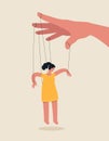 Woman as puppet controlled by big hand puppeteer. Manipulation concept. Vector illustration