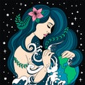 woman as a symbol of nature protects the planet earth, washes it with the waters of the ocean. Save the planet concept