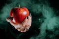 Woman as witch offers red apple as symbol of temptation, poison. Fairy tale, white snow wizard concept. Spooky halloween Royalty Free Stock Photo