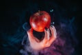 Woman as witch offers red apple as symbol of temptation, poison. Royalty Free Stock Photo