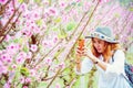 Woman asian travel nature. Travel relax. photographed in a flower garden