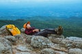 Woman asians travel relax in the holiday. View mountain nature on the cliffs