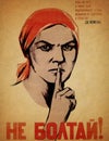 Woman asking for Silence poster from World War II. USSR propaganda. Red Army.