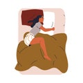 Woman asleep. Female sleeping alone on double bed, hugging pillow with arms, missing husband. Happy girl lying, dreaming