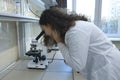 Female assistant in a lab coat looking in a laboratory microscope