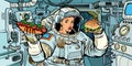 Woman astronaut eats in a spaceship Royalty Free Stock Photo