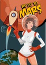 Woman astronaut on Mars. Vintage space postcard. We fly to Mars.