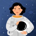 Woman astronaut stands on the background of the starry sky. Woman cosmonaut portrait. Royalty Free Stock Photo