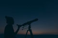 Woman with astronomical telescope. Starry night Constellations, Royalty Free Stock Photo