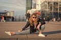 Woman athlete or dancer split leg in paris, france. Sensual woman with long hair in sunglasses and jeans, fashion. Yoga Royalty Free Stock Photo