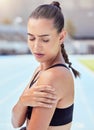 Woman athlete hands shoulder pain, emergency health risk and muscle strain during workout, training and exercise