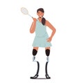 Woman Athlete Tennis Player with Legs Prosthesis, Amputee Girl Holding Racket. Disabled Paralympic Sportswoman