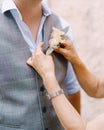 Woman attaches the boutonniere to the man vest. Close-up