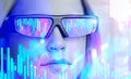 Woman in augmented reality glasses in city, graph Royalty Free Stock Photo