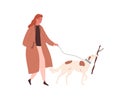 Woman in autumn coat walking with pet on leash vector flat illustration. Female strolling on street with playful dog Royalty Free Stock Photo