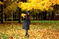 Woman with autumn leaves in hand and fall yellow maple garden background Royalty Free Stock Photo