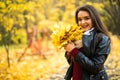 Woman with autumn leaves in hand and fall yellow maple garden background Royalty Free Stock Photo