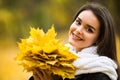 Woman with autumn leaves in hand and fall yellow maple garden background Royalty Free Stock Photo